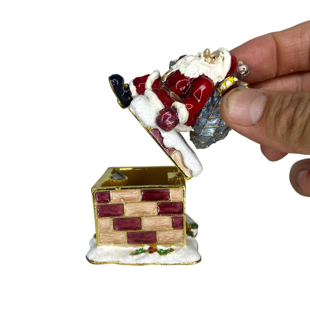 Enameled Bejeweled Santa on Chimney Jewelry Trinket Box collectable - Picture 8 of 11